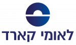 לוגו של לאומי קארד - כיתוב כחול ומעליו חצי עיגול כחול שמעליו חצי טבעת הפוכה כחולה