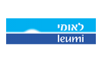 לוגו של בנק לאומי - 2 מלבנים, העליון תכלת ובו כתוב לאומי והתחתון כחול ובו כתוב leumi באנגלית. במלבן התכלת יש רמיזה של שמש זורחת בלבן